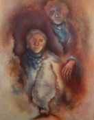 Moira Doggett (B1927), two figures amongst clouds, oil on canvas, unframed, the oil 70.5cm x 90.5cm