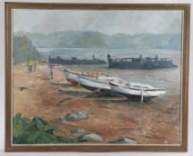 Jose Mckinnon, "Waiting for their Wings", depicting boats on a beach, signed oil on canvas, housed