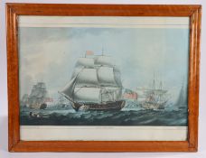 National Maritime Museum print, H.M.S. Victory leaving Spithead in 1791, housed in a maple