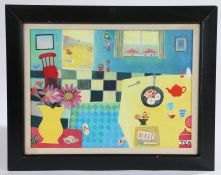 Sarah Sloan, "Sunday Tea", water based paint on board, housed in an ebonised glazed frame, the