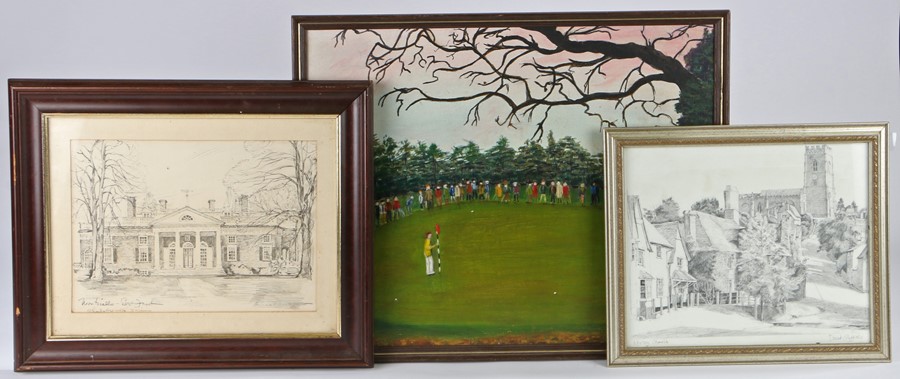 H.G. Goodman, "Sunningdale Old Course 10th Green March 1989", signed oil on board, print depicting