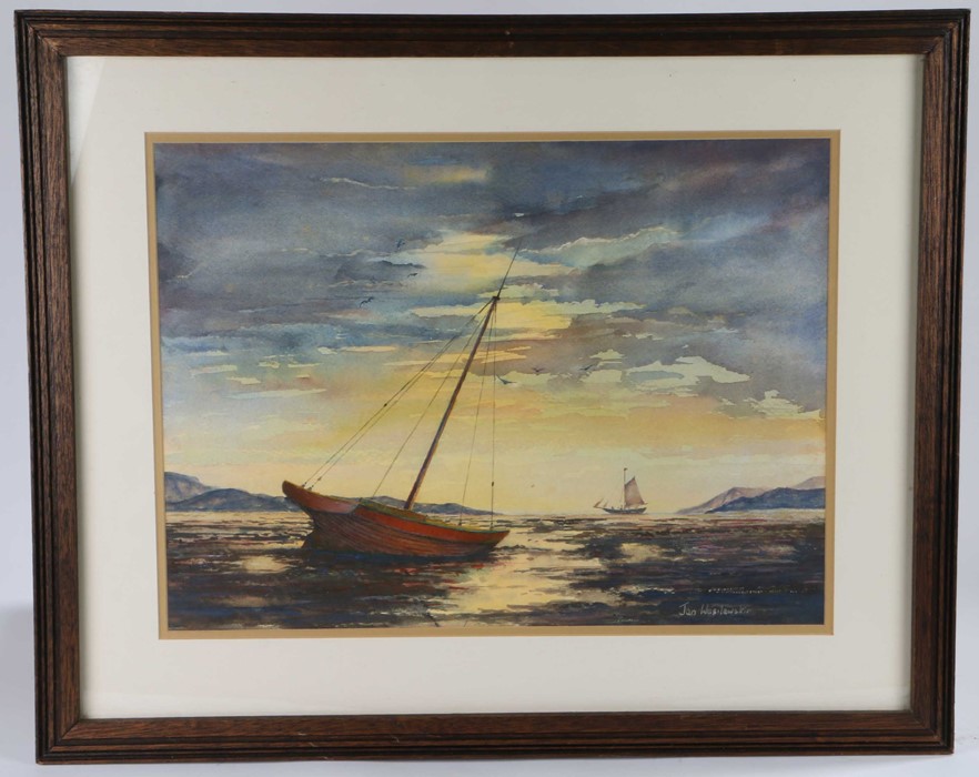 Jan Wasilewski, "Sunset", depicting a moored ship and a distant sailing ship, signed watercolour,