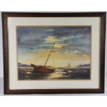 Jan Wasilewski, "Sunset", depicting a moored ship and a distant sailing ship, signed watercolour,