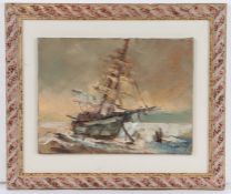 Oil on board, beached sailing vessel, signed indistinctly lower right, housed in a distressed effect