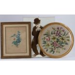 Botanical print housed in a gilt and glazed frame, circular needlework panel housed in a gilt and