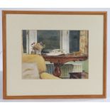 Verity Wookey (1928-2003), "Bird on the table", signed watercolour, dated 1999, housed in a light