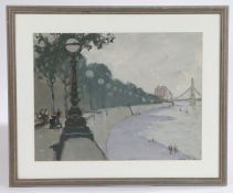 Impressionist style oil, the River Thames Embankment, apparently unsigned, housed in a grey glazed