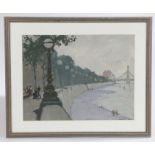 Impressionist style oil, the River Thames Embankment, apparently unsigned, housed in a grey glazed