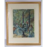 After William Russell Flint, three ladies in a garden, one on a swing, signed in pencil to the