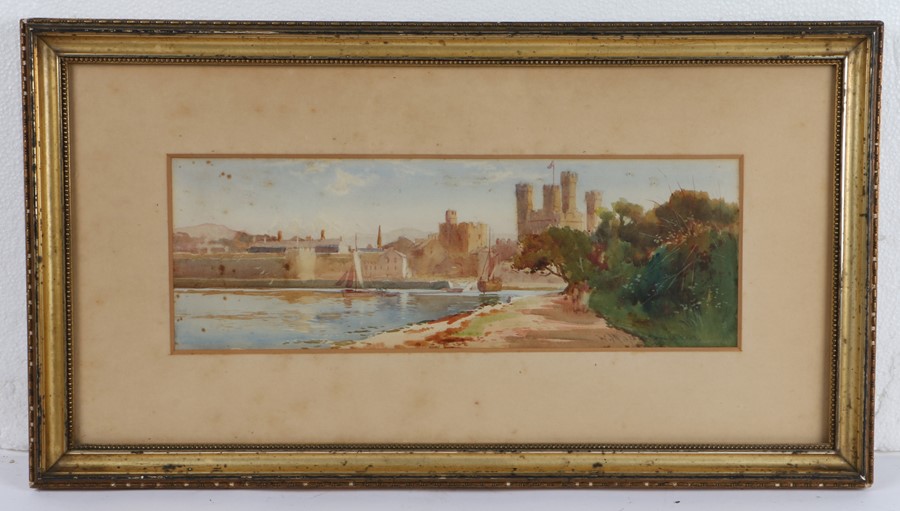 Late 19th Century watercolour, riverside scene with boats and distant castle, signed indistinctly