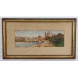 Late 19th Century watercolour, riverside scene with boats and distant castle, signed indistinctly