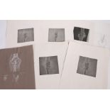 Set of five prints depicting a knee joint with stitches/bracing, unframed, the prints 12cm square,