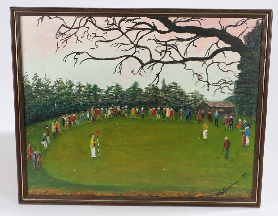 H.G. Goodman, "Sunningdale Old Course 10th Green March 1989", signed oil on board, print depicting - Image 2 of 2