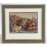 19th Century British School, Leaving the shore, watercolour, housed in a gilt and blue painted
