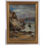 J.M.B. fisherman launching his boat with cliffs and harbour wall to the rear, initialled oil on