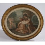 After I.F. Rigand, cupid and two lovers, Bartolozzi coloured engraving, housed in a beaded oval gilt