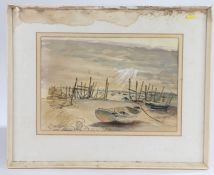 Watercolour depicting an east coast harbour, apparently unsigned, housed in a white painted glazed