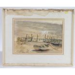 Watercolour depicting an east coast harbour, apparently unsigned, housed in a white painted glazed