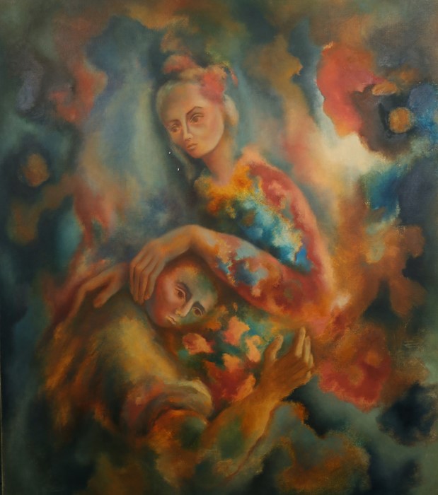 Moira Doggett (B1927), two figures amongst clouds, oil on canvas, unframed, the oil 88.5cm x 101cm