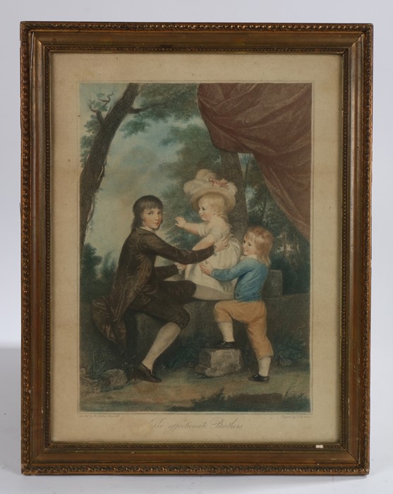 After Sir Joshua Reynolds, "The Affectionate Brothers", Bartolozzi coloured engraving, housed in a