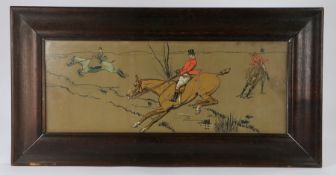 Dorothy Hardy hunting print depicting two horses and riders leaping a stream with a further horse