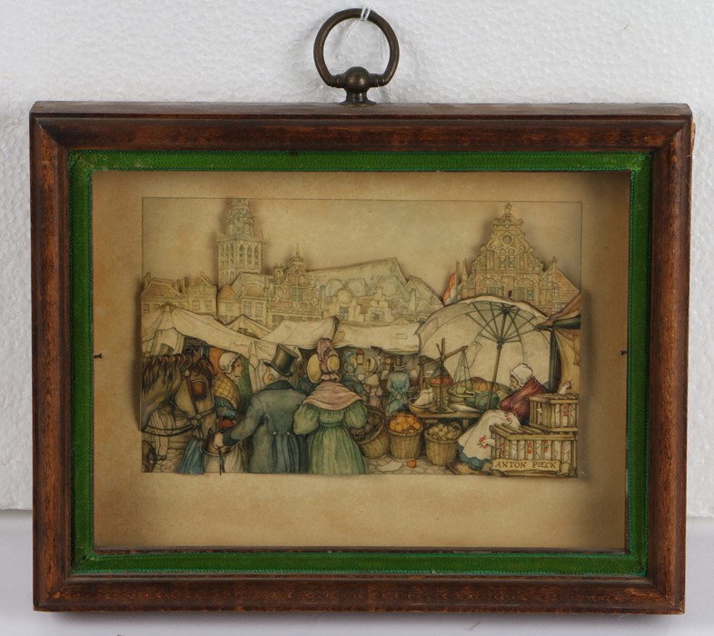 Anton Pieck (Dutch 1895 - 1987), Continental Market Scene: relief picture, framed, 22cm x 17cm