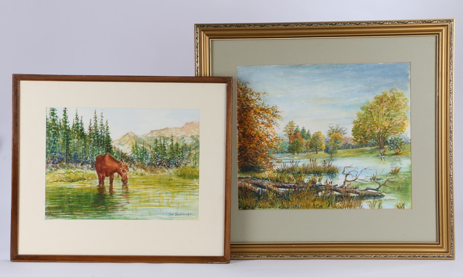 Jan Wasilewski, "Moose in the River", signed watercolour housed in a gilt glazed frame, the