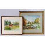 Jan Wasilewski, "Moose in the River", signed watercolour housed in a gilt glazed frame, the