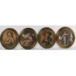 Set of four 19th Century coloured engravings in oval brass frames, 21cm diameter