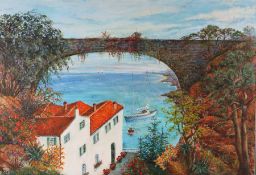 Jan Wasilewski, coastal scene with cottages and boat under a large bridge, signed oil on canvas