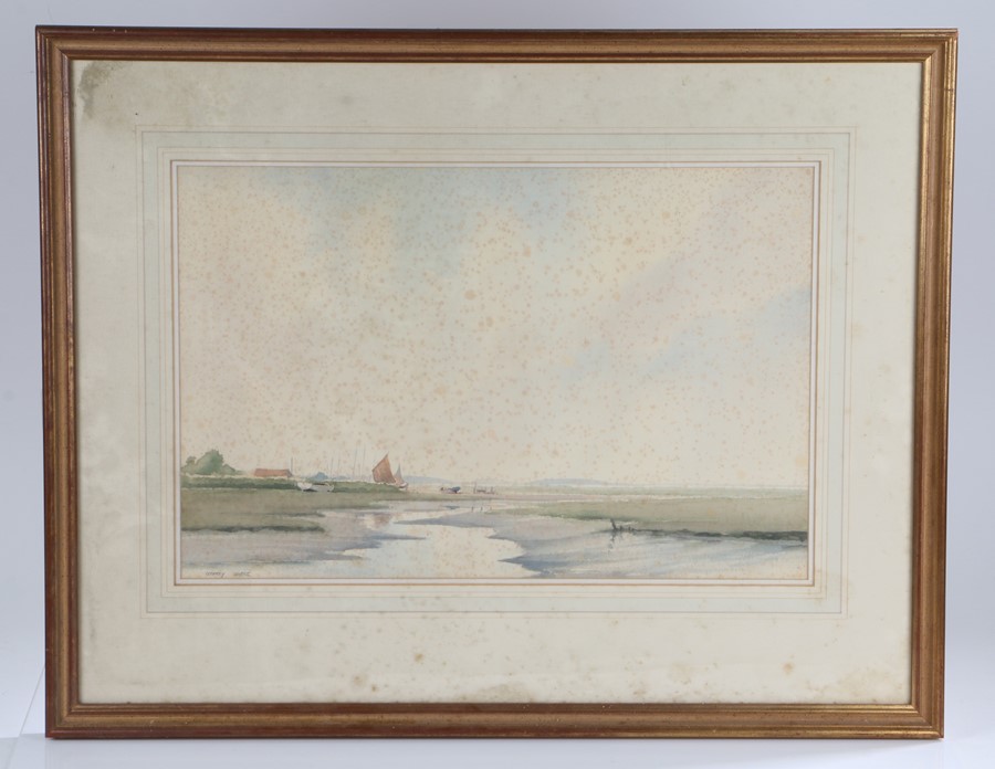 Godfrey Sayers, 20th Century British school, "Agar Creek", boats on an estuary near Blakeney,