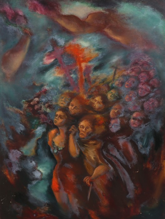 Moira Doggett (B1927), figures carrying crosses with hands reaching down from the heavens, oil on