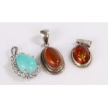 Silver pendants, to include amber set pendant, carnelian set pendant, turquoise set pendant, 5.5g (