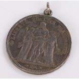 French 5 Franc coin mounted as a pendant, dated 1876