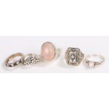 Five silver and coloured paste set rings, various sizes and styles, to include a pink stone set