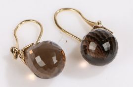 Pair of 9 carat gold drop earrings with prismatic cut brown stones, 5.3g