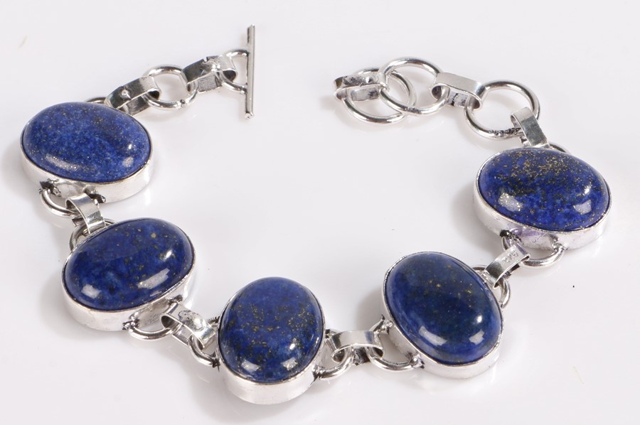 Silver bracelet set with five oval lapis lazuli panels - Image 2 of 2