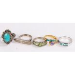 Five silver and coloured paste set rings, various sizes and styles, to include a silver gilt example