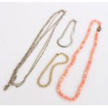 Silver jewellery to include three strand necklace, bracelet, pink bead necklace, gilt bead bracelet,