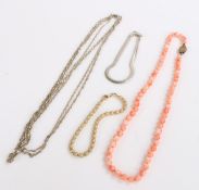 Silver jewellery to include three strand necklace, bracelet, pink bead necklace, gilt bead bracelet,