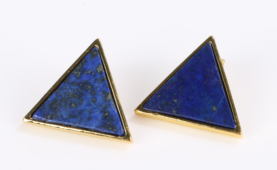 Pair of lapis lazuli earrings, the triangular panels housed in gilt metal settings - Image 2 of 2