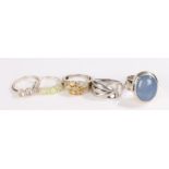 Five silver and coloured paste set rings, various sizes and styles, to include an oval blue stone
