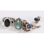 Two silver and coloured paste set rings, to include a quartz set example, mushroom pendant/charm,