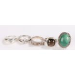 Five silver and coloured paste set rings, various sizes and styles, to include a smoky quartz