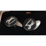Wedgwood sterling silver and black basalt mounted cufflinks, the round ends with depiction of a