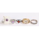 Five silver and coloured paste set rings, various sizes and styles, to include a gilt clear paste