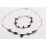 Silver and lapis lazuli necklace and bracelet set, the necklace with five lapis roundels, the