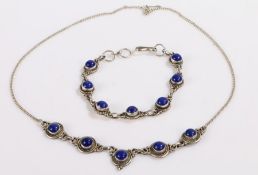 Silver and lapis lazuli necklace and bracelet set, the necklace with five lapis roundels, the