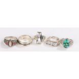 Five silver and coloured paste set rings, various sizes and styles, to include a baguette style