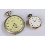 Continental 14 carat gold ladies open face pocket watch, the white enameled dial with Roman